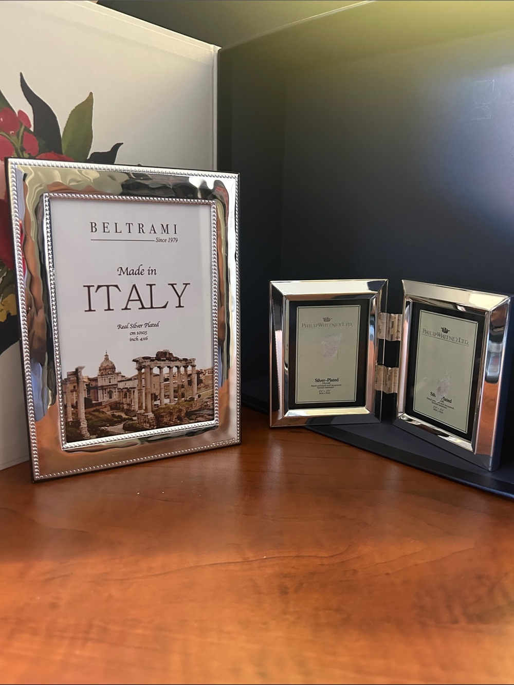 2 silver Plated Photo Frames Philip Whitney Ltd. 2 1/2”x 3 1/2 “ & Beltrami 4X6”